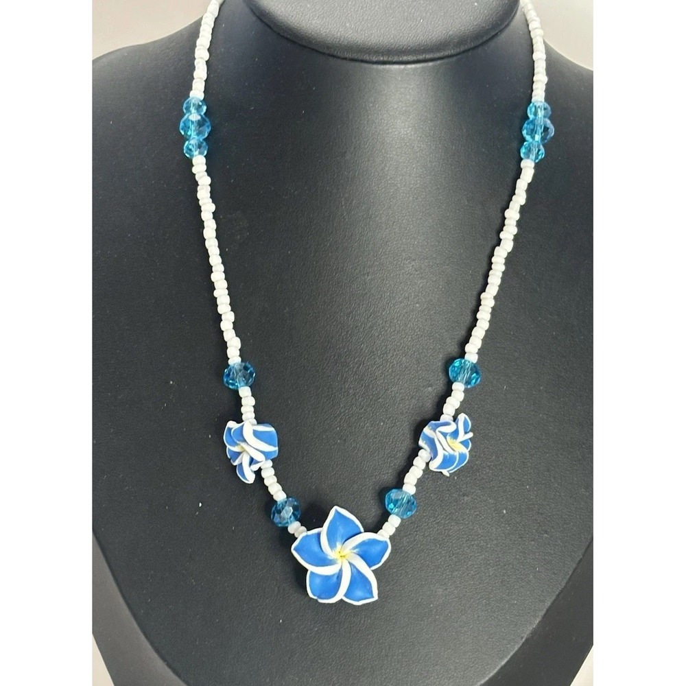 Blue Plumeria Flower Necklace 19" Polymer Clay Beaded Hawaiian Beach Tropical